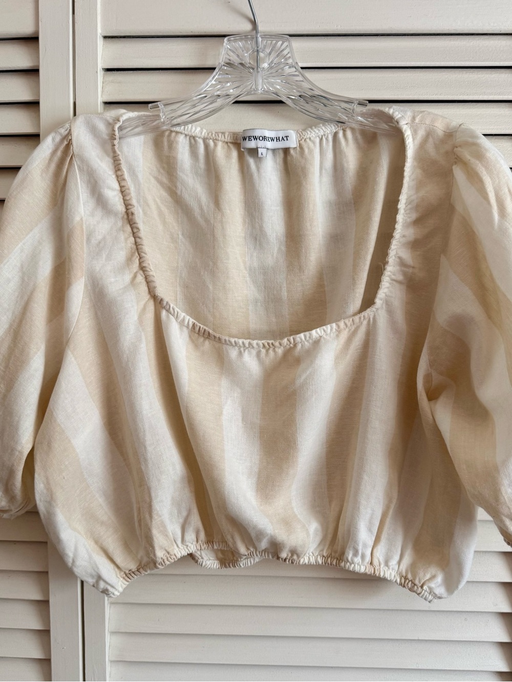 WeWoreWhat Cream Striped Square Neck Puff Sleeve Crop Top